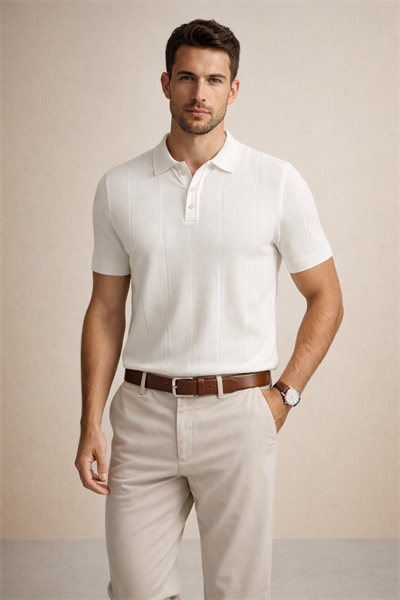 Erkek Triko Polo Yaka Kısa Kollu Dikey Desenli Slim Fit Tişört Ekru