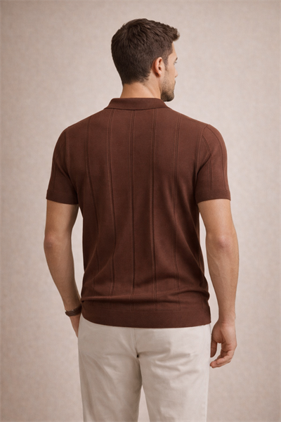 Erkek Triko Polo Yaka Kısa Kollu Dikey Desenli Slim Fit Tişört Kahverengi