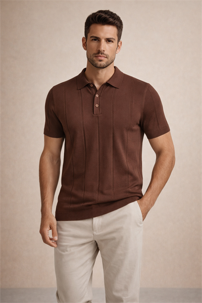 Erkek Triko Polo Yaka Kısa Kollu Dikey Desenli Slim Fit Tişört Kahverengi