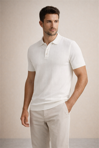 Erkek Triko Polo Yaka Kısa Kollu Dikey Desenli Slim Fit Tişört Ekru