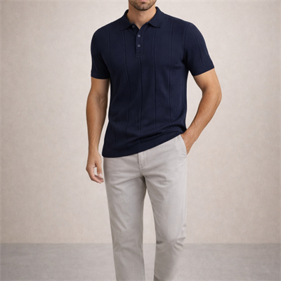 Erkek Triko Polo Yaka Kısa Kollu Dikey Desenli Slim Fit Tişört Lacivert