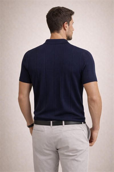 Erkek Triko Polo Yaka Kısa Kollu Dikey Desenli Slim Fit Tişört Lacivert