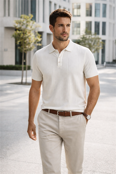 Erkek Triko Polo Yaka Kısa Kollu Dikey Desenli Slim Fit Tişört Ekru