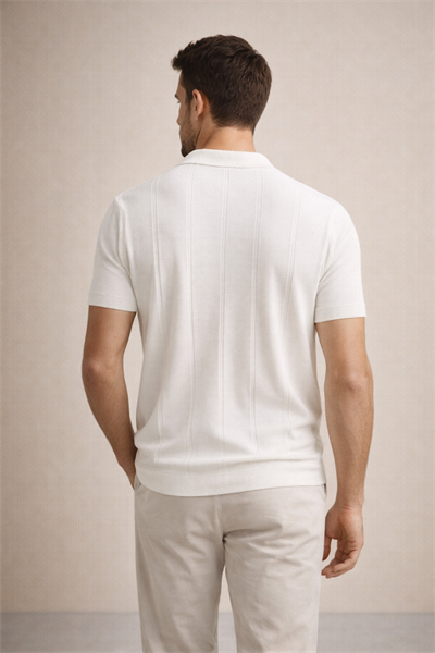 Erkek Triko Polo Yaka Kısa Kollu Dikey Desenli Slim Fit Tişört Ekru