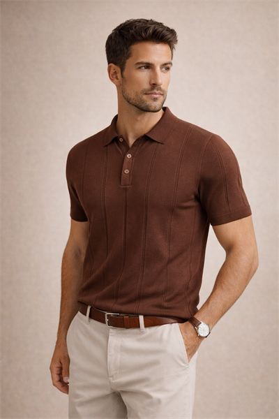 Erkek Triko Polo Yaka Kısa Kollu Dikey Desenli Slim Fit Tişört Kahverengi
