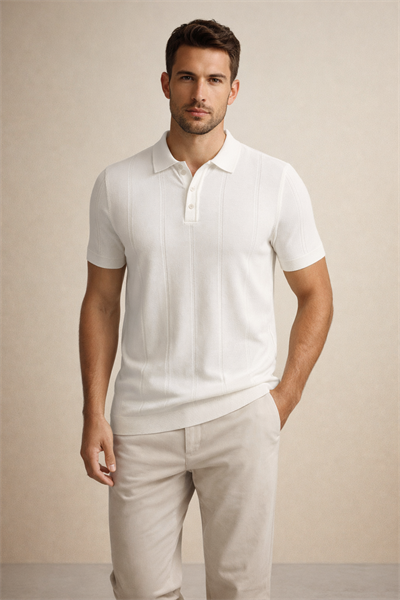 Erkek Triko Polo Yaka Kısa Kollu Dikey Desenli Slim Fit Tişört Ekru