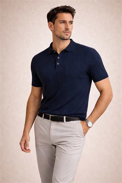 Erkek Triko Polo Yaka Kısa Kollu Dikey Desenli Slim Fit Tişört Lacivert