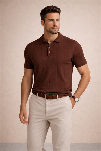 Erkek Triko Polo Yaka Kısa Kollu Dikey Desenli Slim Fit Tişört Kahverengi