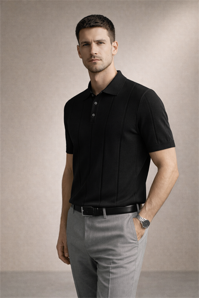 Erkek Triko Polo Yaka Kısa Kollu Dikey Desenli Slim Fit Tişört Siyah