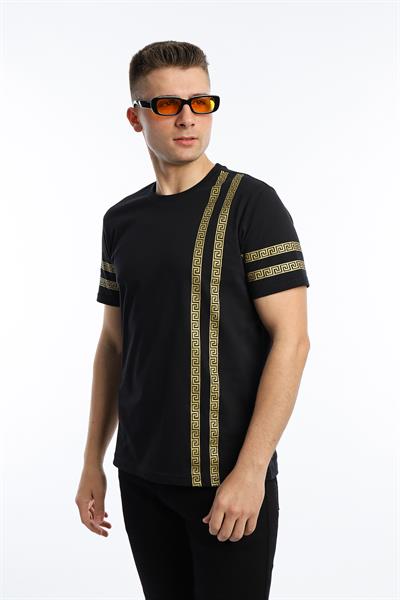 Erkek Yaldız Baskılı Regular Fit Tişört Siyah