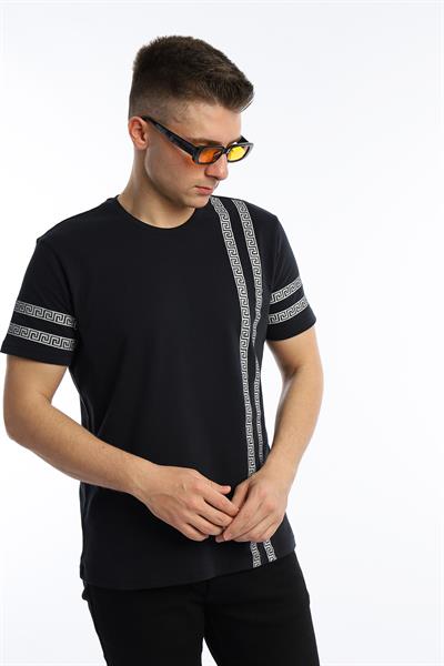 Erkek Yaldız Baskılı Regular Fit Tişört Siyah Gümüş