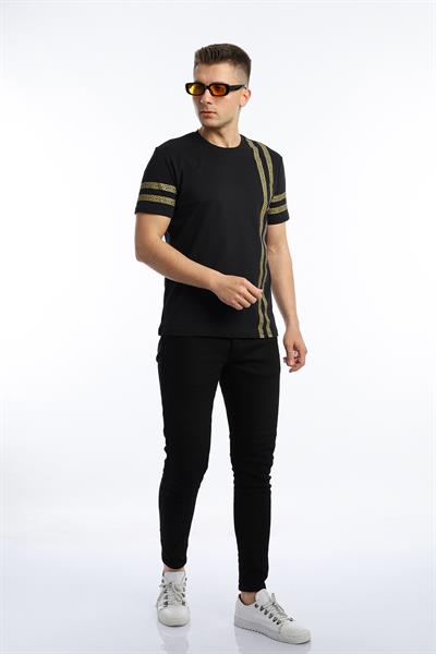 Erkek Yaldız Baskılı Regular Fit Tişört Siyah