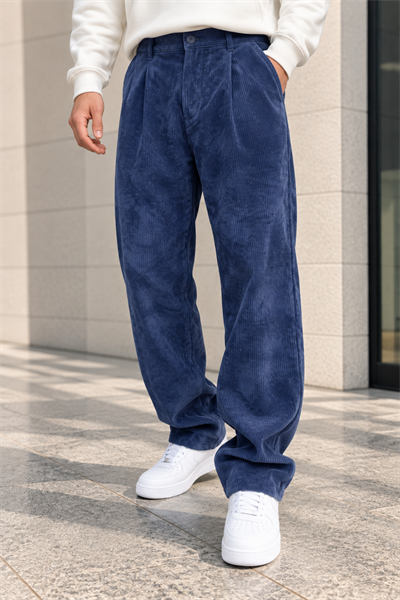 Erkek Yıkamalı Fitilli Kadife Bol Kesim Pantolon - Saks Saks
