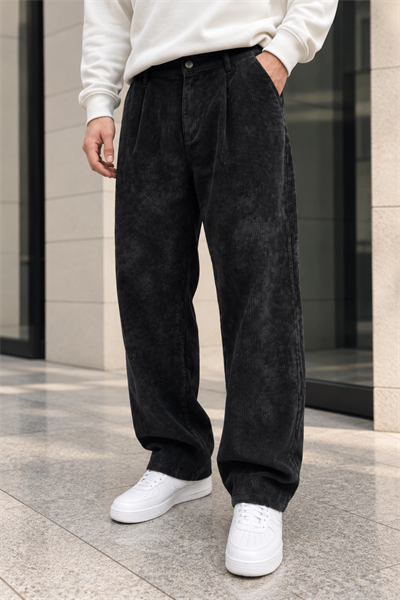 Erkek Yıkamalı Fitilli Kadife Bol Kesim Pantolon - Siyah Siyah