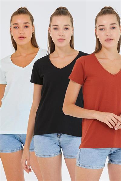 Kadın %100 Pamuk V Yaka 3lü T-shirt Paketi  Su Yeşili