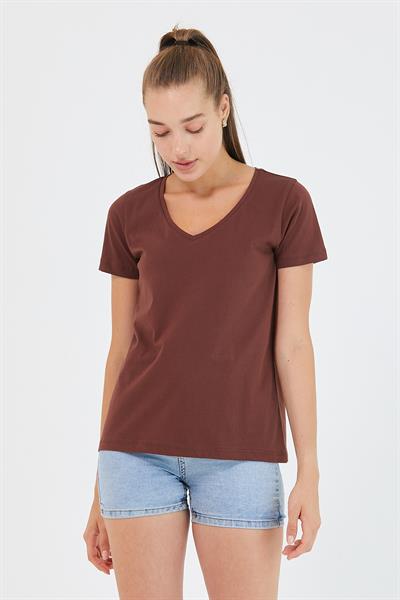 Kadın %100 Pamuk V Yaka Regular Kalıp T-shirt Kahverengi