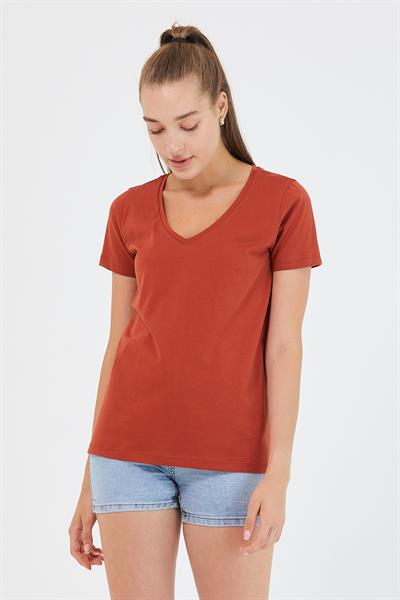 Kadın %100 Pamuk V Yaka Regular Kalıp T-shirt Kiremit
