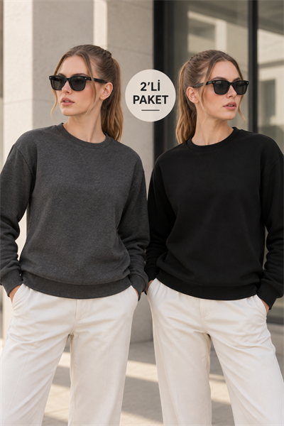 Kadın 2’li Bisiklet Yaka Basic Sweatshirt – Siyah / Antrasit Antrasit