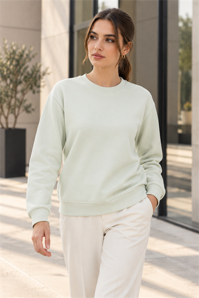 Kadın 2’li Bisiklet Yaka Basic Sweatshirt – Mint / Ekru Ekru