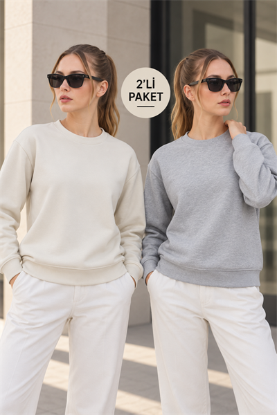 Kadın 2’li Bisiklet Yaka Basic Sweatshirt – Gri / Ekru Gri