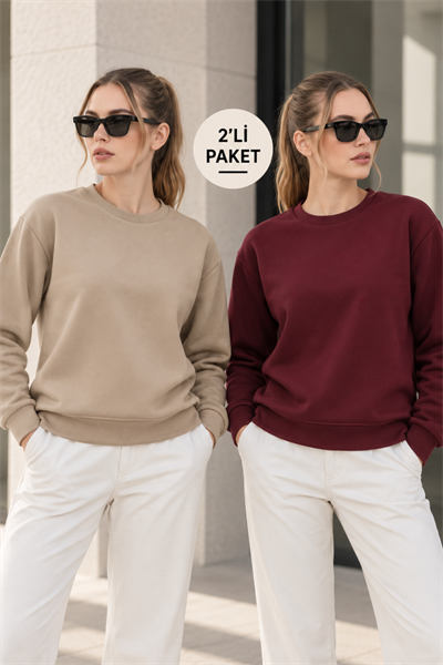 Kadın 2’li Bisiklet Yaka Basic Sweatshirt – Bej / Bordo Bej