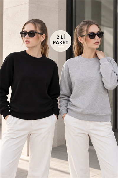 Kadın 2’li Bisiklet Yaka Basic Sweatshirt – Siyah / Gri Siyah