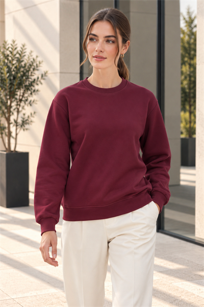Kadın 2’li Bisiklet Yaka Basic Sweatshirt – Bej / Bordo Bej