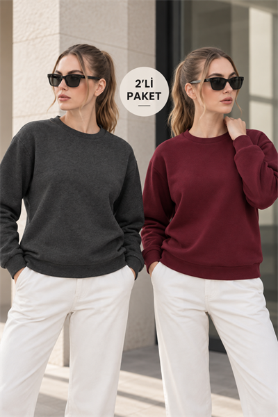Kadın 2’li Bisiklet Yaka Basic Sweatshirt – Bordo / Antrasit Bordo