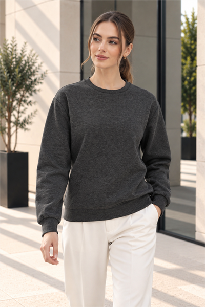 Kadın 2’li Bisiklet Yaka Basic Sweatshirt – Bordo / Antrasit Bordo