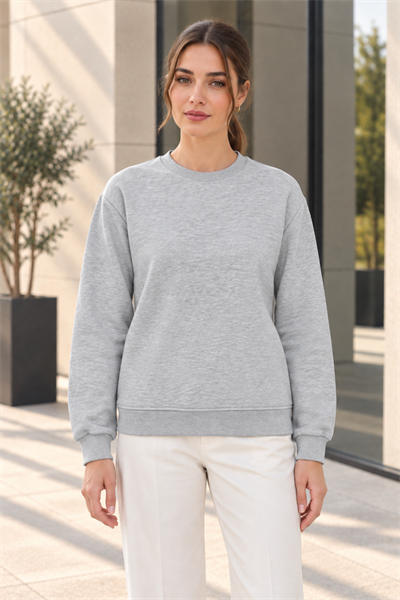 Kadın 2’li Bisiklet Yaka Basic Sweatshirt – Gri / Ekru Gri