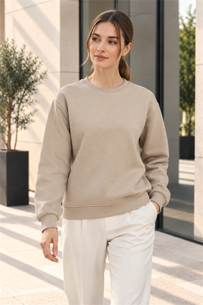 Kadın 2’li Bisiklet Yaka Basic Sweatshirt – Bej / Bordo Bej