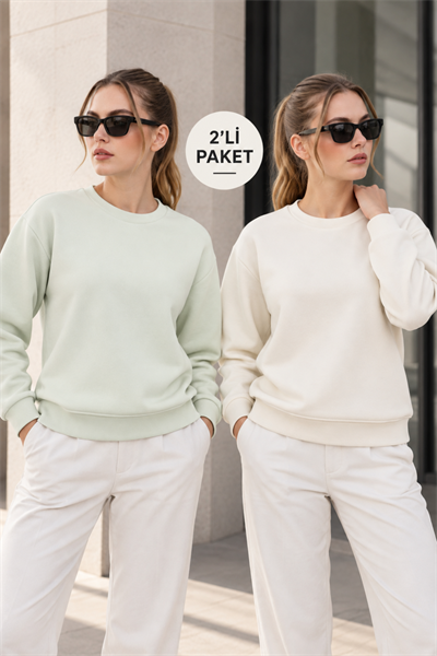 Kadın 2’li Bisiklet Yaka Basic Sweatshirt – Mint / Ekru Ekru
