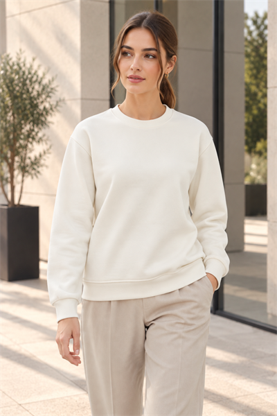 Kadın 2’li Bisiklet Yaka Basic Sweatshirt – Gri / Ekru Gri