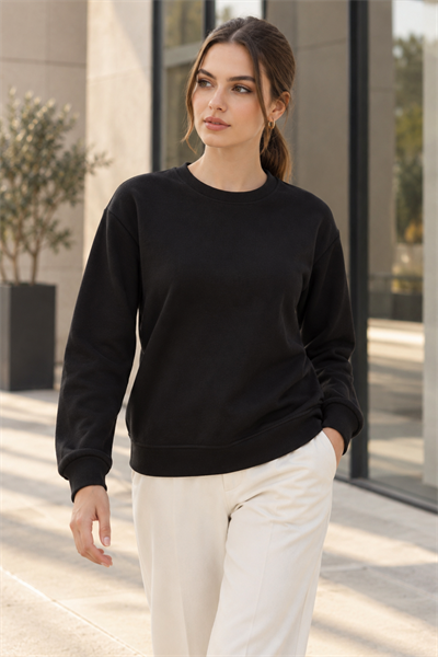 Kadın 2’li Bisiklet Yaka Basic Sweatshirt – Siyah / Gri Siyah
