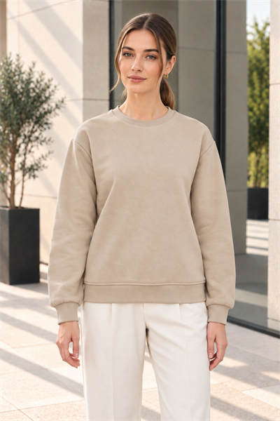 Kadın 2’li Bisiklet Yaka Basic Sweatshirt – Bej / Bordo Bej