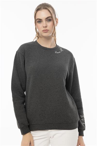Kadın 3 İplik Şardonlu Bisiklet Yaka Sweatshirt Antrasit Melanj