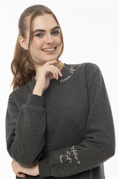 Kadın 3 İplik Şardonlu Bisiklet Yaka Sweatshirt Antrasit Melanj