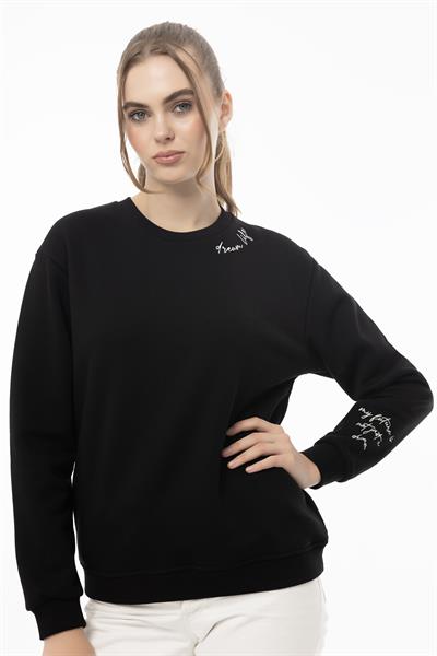 Kadın 3 İplik Şardonlu Bisiklet Yaka Sweatshirt Siyah