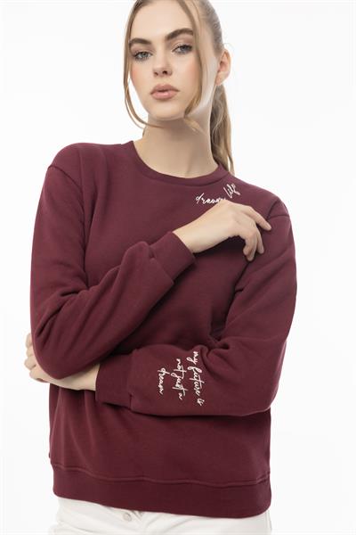 Kadın 3 İplik Şardonlu Bisiklet Yaka Sweatshirt Bordo