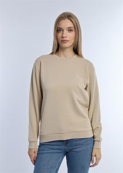 Kadın 3 İplik Şardonsuz Bisiklet Yaka Sweatshirt Bej