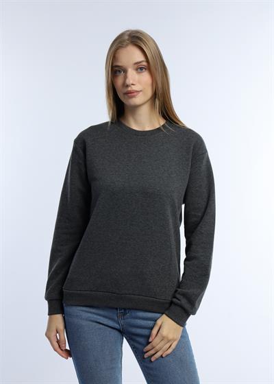 Kadın 3 İplik Şardonsuz Bisiklet Yaka Sweatshirt Antrasit Melanj