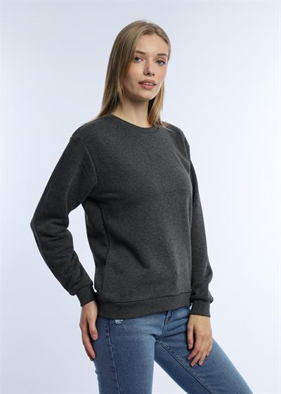 Kadın 3 İplik Şardonsuz Bisiklet Yaka Sweatshirt Antrasit Melanj