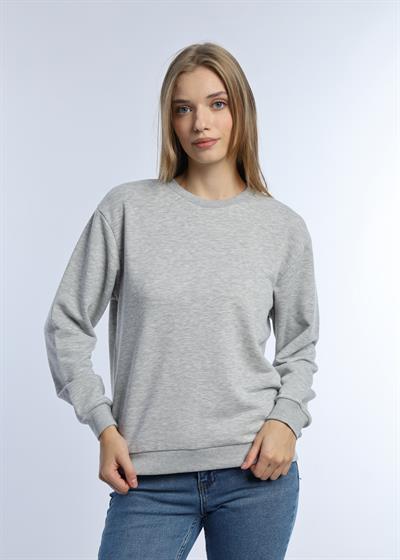 Kadın 3 İplik Şardonsuz Bisiklet Yaka Sweatshirt Gri Melanj