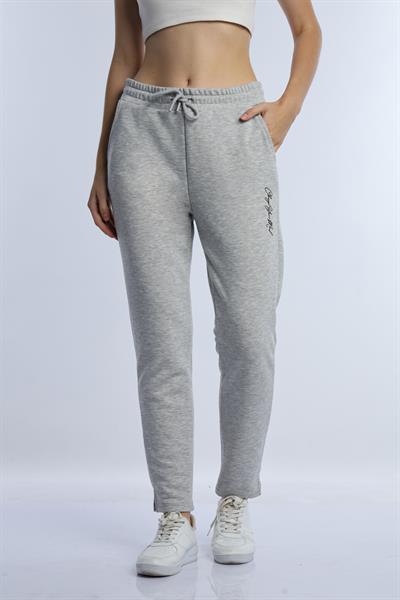 Kadın 3 İplik Şardonsuz Change Your Mind Nakışlı Eşofman Altı Gri Melanj