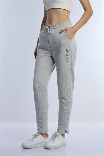 Kadın 3 İplik Şardonsuz Change Your Mind Nakışlı Eşofman Altı Gri Melanj