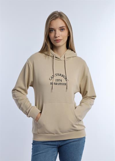 Kadın 3 İplik Şardonsuz Kapüşonlu Sweatshirt Bej