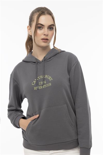 Kadın 3 İplik Şardonsuz Kapüşonlu Sweatshirt Füme