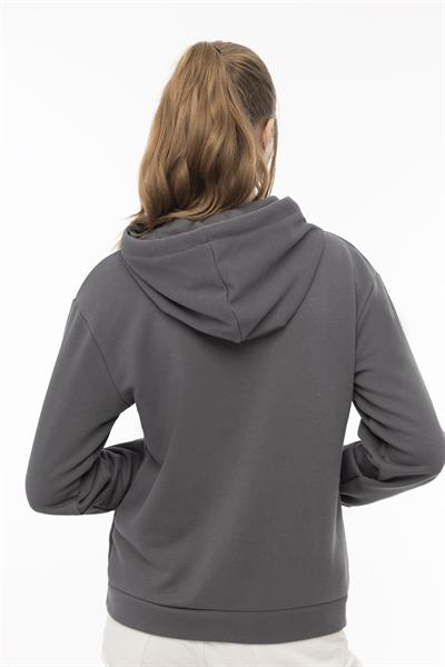 Kadın 3 İplik Şardonsuz Kapüşonlu Sweatshirt Füme