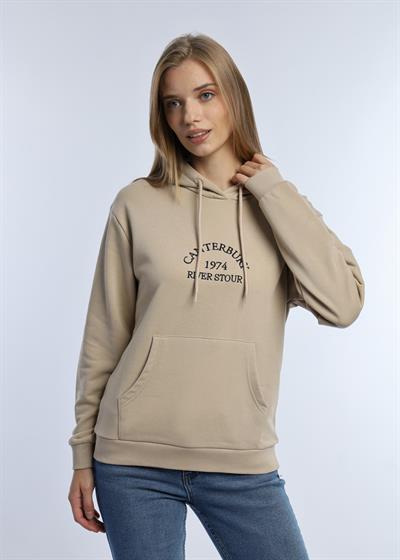 Kadın 3 İplik Şardonsuz Kapüşonlu Sweatshirt Bej