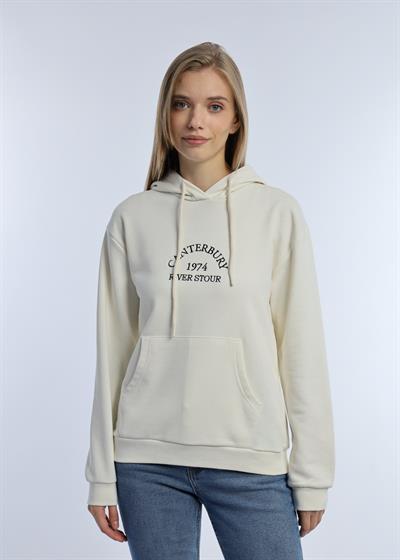 Kadın 3 İplik Şardonsuz Kapüşonlu Sweatshirt Ekru
